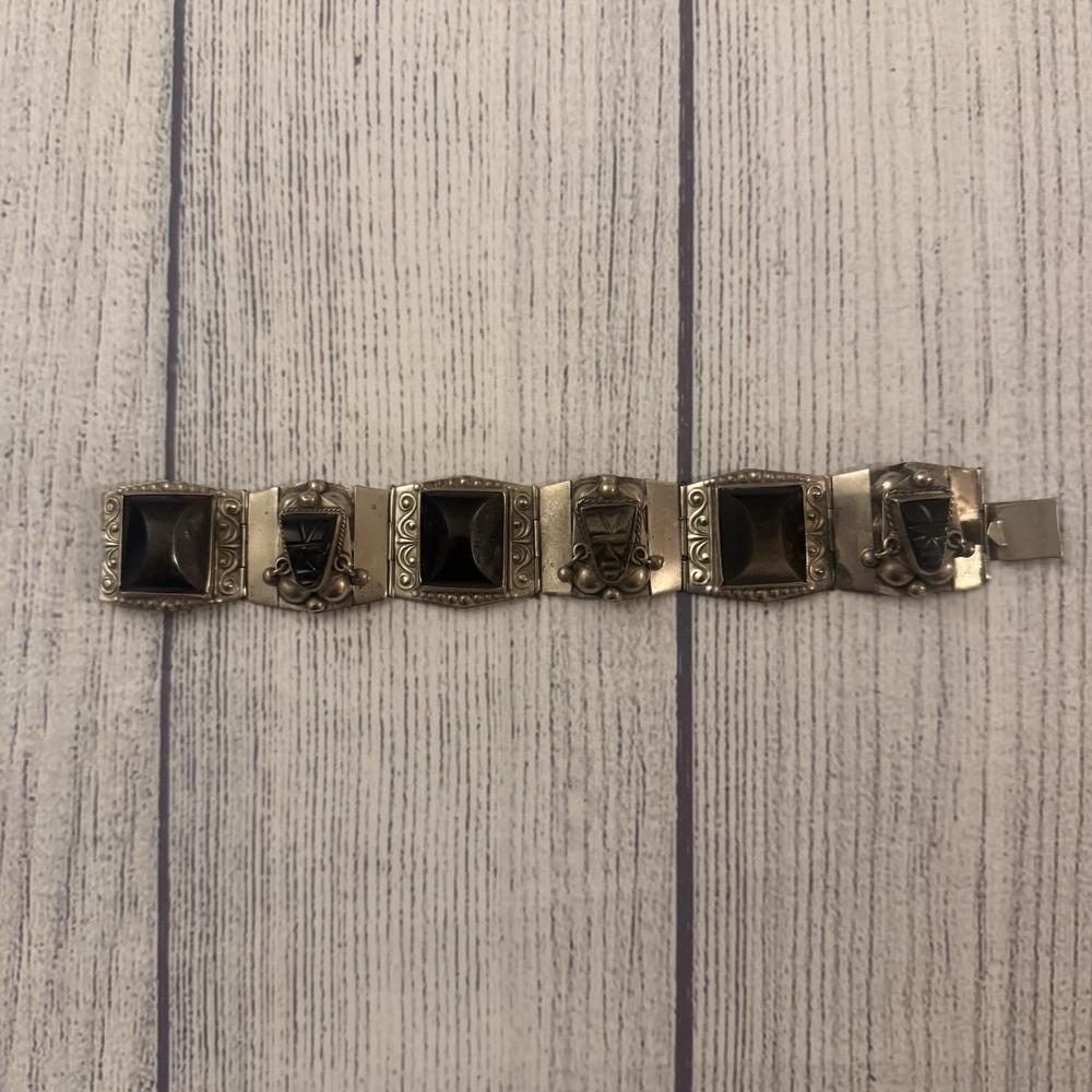 Vintage Taxco Mexico Sterling Silver 925 Black Onyx Aztec Mask Link Bracelet